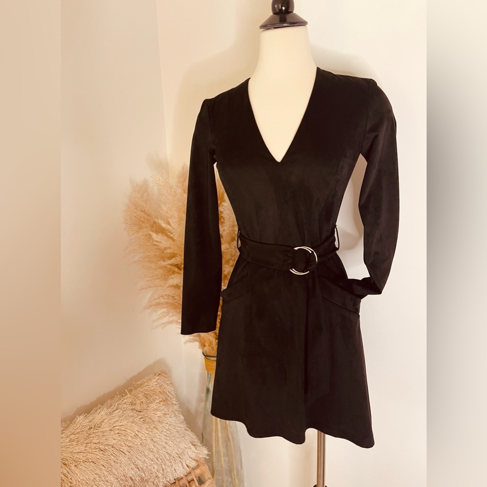 Long Sleeve Black Suede Flair Dress